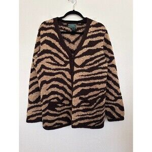 Ralph Lauren Hand Knit Cardigan Sweater Cotton Linen V-Neck Brown Medium Petite